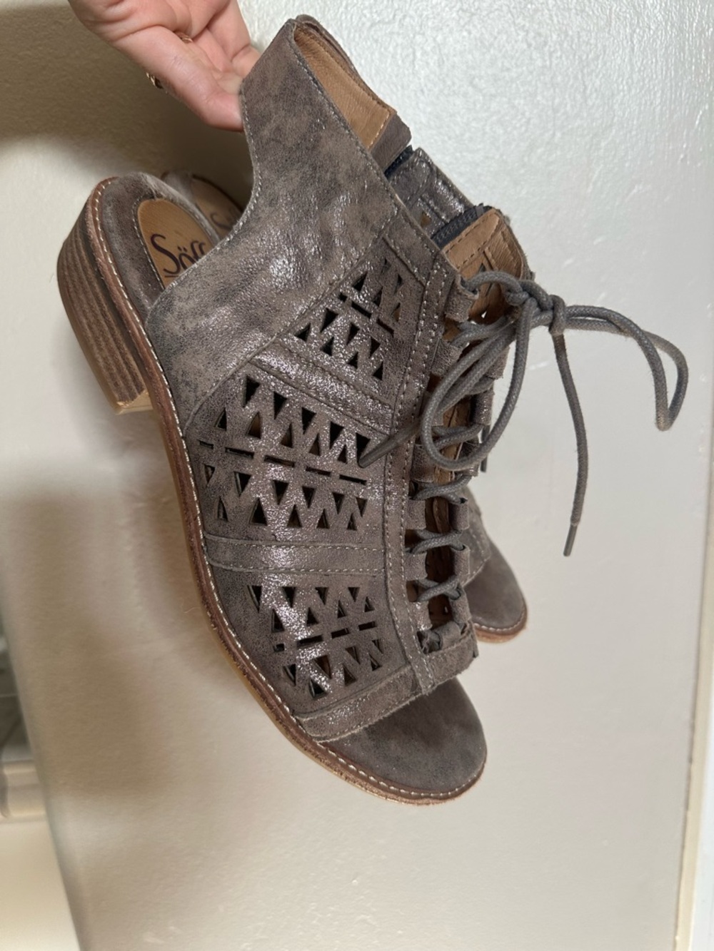 Sofft Gray Suede Laser-Cut Lace-Up Peep-Toe Flats